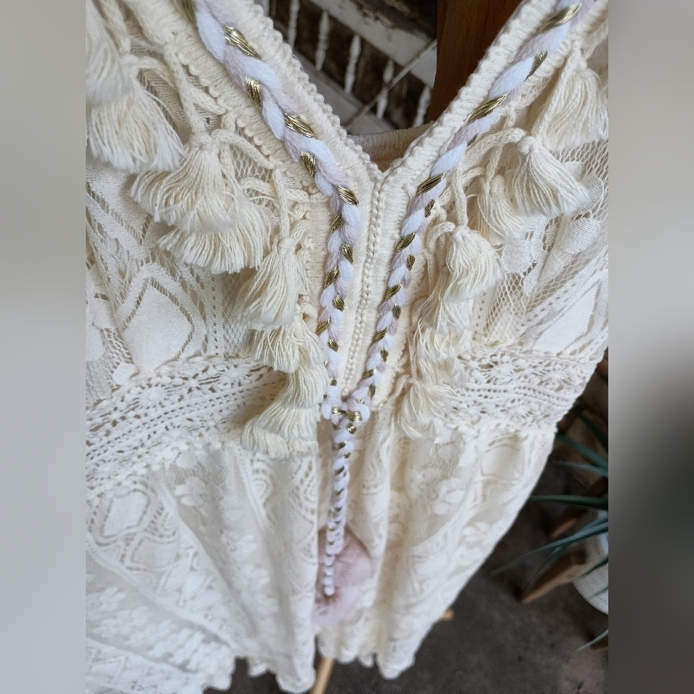 Astrid Sleeveless V-Neck Tassel Elegant Cream Lace Midi Dress_Small - Picture 7 of 9